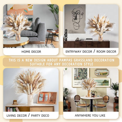 Pampas Grass Decor 120pcs Natural Dried Floral Arrangement Boho Bouquet for Wedding Centerpiece Table Decor Rustic Home Decor Vase Filler Aesthetic Room Decor Bohemian Style