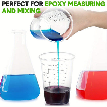 Plastic Measuring Cups with Wooden Sticks 100 Sets Clear Graduated Mixing Cups oz/ml/cc for Resin, Cooking, Baking & Epoxy – Disposable Paint Mixing Cups