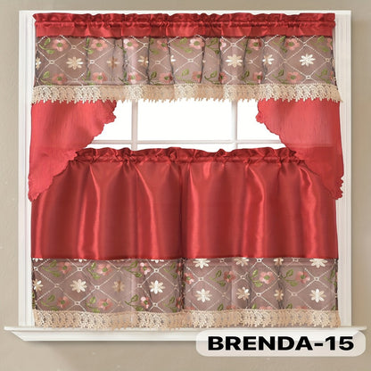 Kitchen Curtains 3 Piece Set Embroidered Satin Valance and Tiers - Rod Pocket Light Filtering Machine Washable 46 Colors Available All Season Home Decor