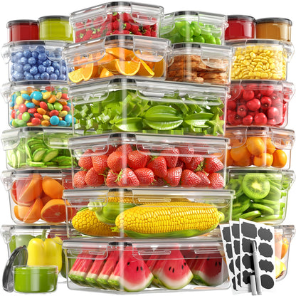 Airtight Food Storage Container Set 16/28/48 Pcs with Secure Lids, Sealed Plastic Containers for Pantry Organization, Kitchen, Travel & Outdoor Picnics – Includes Labels & Markers