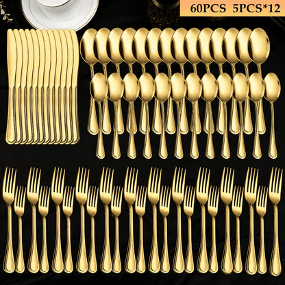 84-Piece Golden Cutlery Set Service for 12 | Knife Fork Spoon Set for Family Gatherings Camping BBQ Kitchen Utensils