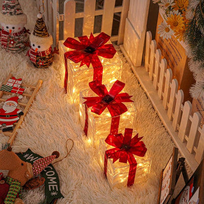 Christmas Light-Up Gift Boxes Set of 3 – USB & Battery LED Warm White Lighted Decorations with Timer, 8 Lighting Modes, Red Bow, Indoor Outdoor Holiday Home Decor
