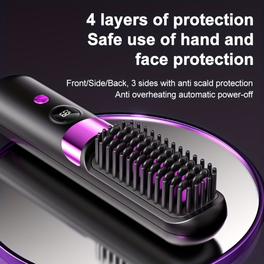 Wireless Hair Straightener Comb USB Rechargeable | Cordless Straightening Brush with Negative Ion, 3-Speed Temp Control, LED Display – Travel Hair Styler