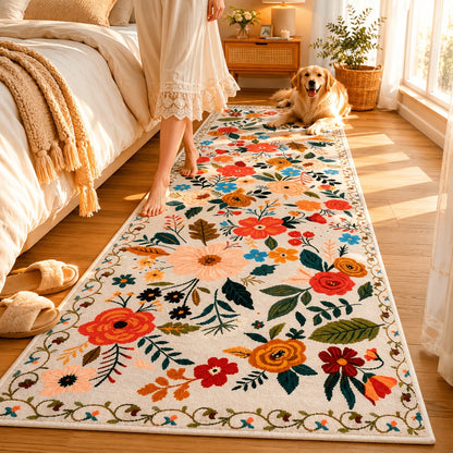 Bohemian Floral Plush Rug Non-Slip Machine Washable – Soft Floral Runner Mat for Bedroom, Kitchen, Bathroom, Entryway & Living Room – Easy Clean Indoor Home Decor Mat, 4 Sizes
