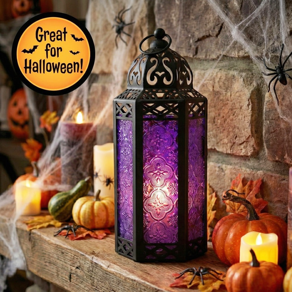 Moroccan Candle Lantern Holder - Decorative Metal & Glass Lantern with Embossed Floral Design for Indoor Home Decor, Garden, Patio, Weddings, Ramadan, Halloween & Holiday Celebrations - 10.5" Tall Medium Size