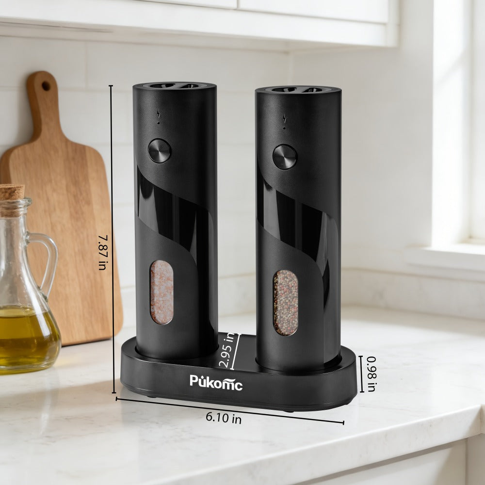 Electric Pepper Grinder Set of 2, Rechargeable with Charging Base, 6 Adjustable Coarseness Settings, Built-in LED Light & ABS Motor — Salt & Pepper Mill for Peppercorns & Spices, Brush Included