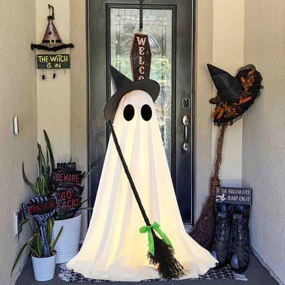 Halloween Ghost with Broom Outdoor Decoration – Eerie Spooky Ghost Ornament for Porch, Yard, Garden & Lawn, Indoor & Outdoor Halloween Party Decor