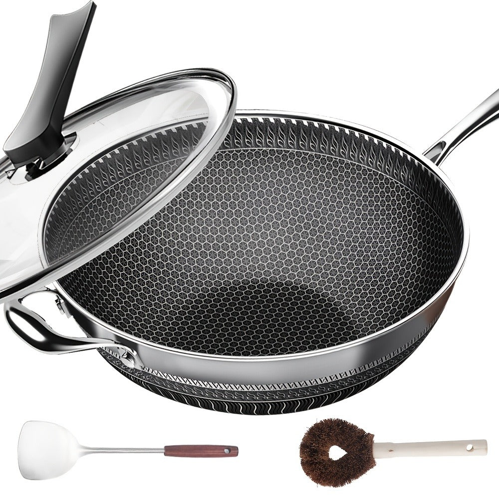 Stainless Steel Wok Set 13.3 Inch Non-stick Honeycomb Design with Lid & 2 Cookware Accessories – Induction Compatible Cooking Pan for Electric Ceramic Gas Stove, Dishwasher Safe