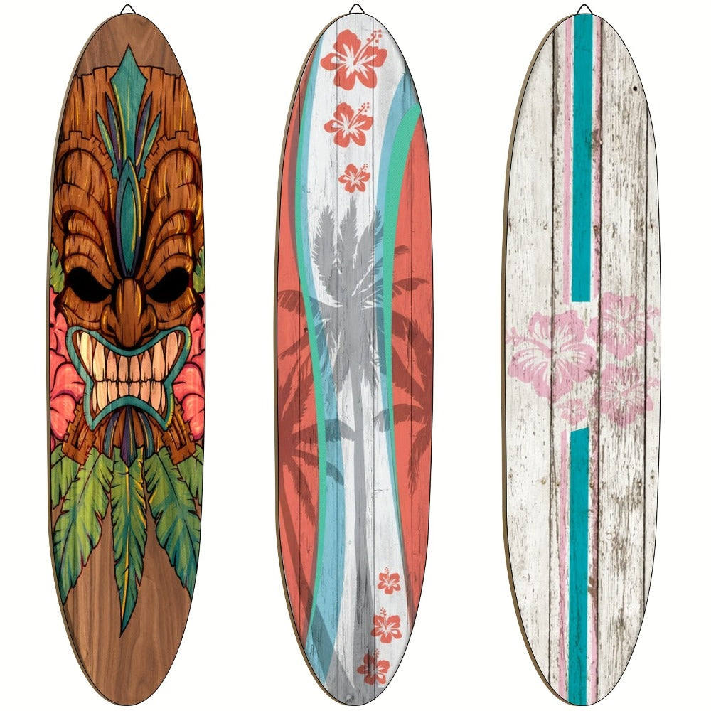 Wooden Surfboard Wall Art 15.74" – Rustic Tropical Beach Decor with Hibiscus & Tiki Mask Design, Frameless Recycled Wood Wall Hanging for Hawaiian Bar, Home, Summer & Vacation Theme Decor