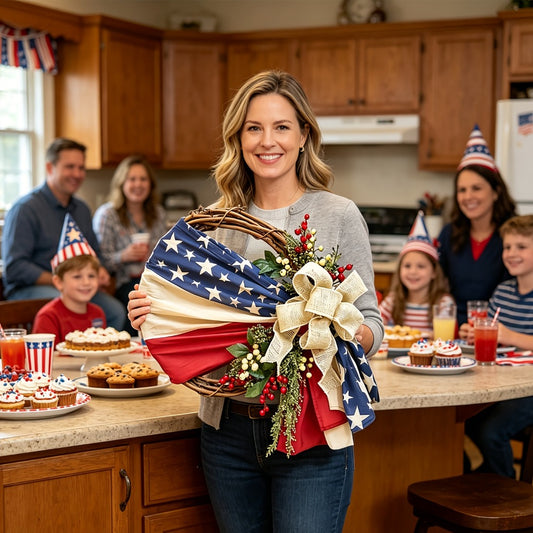 Patriotic 4th of July Door Wreath – Red White & Blue American Flag Wreath with Burlap Bow for Independence Day, Memorial Day & Patriotic Home, Porch & Office Decor