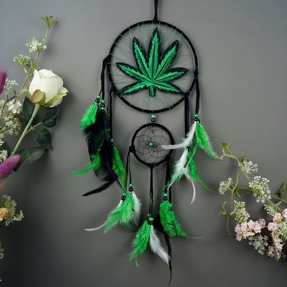 Bohemian Dream Catcher with Feathers & Leaf Embroidery – Boho Wall Hanging Decor for Bedroom, Bedside, Cabin & Living Room – Handcrafted Woven Dreamcatcher Gift for Women and Men