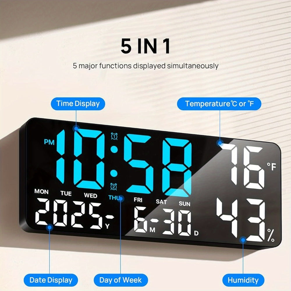 Large Digital Wall Clock with Remote Control – 14.6" LED Display Dual Alarm Clock with Night Light, Temperature, Humidity, Date & Week – RGB Color-Changing Bedroom & Living Room Clock Gift for Elderly
