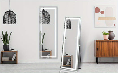 Full Length Mirror with LED Lights & Touch Sensor – 64"x21" Dimmable Smart Floor Mirror, Wall Mount or Freestanding, Slim Modern Frame for Bedroom, Vanity & Dressing Room
