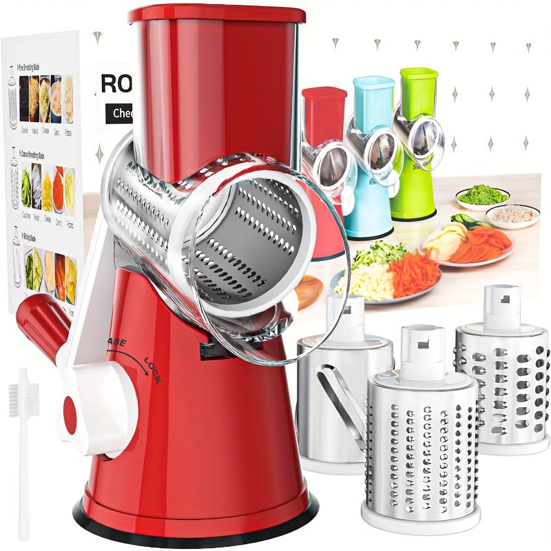 Rotary Cheese Grater with Hand Crank – 3 Interchangeable Blades for Cheese, Vegetables & Nuts, Non-Slip Suction Base, Includes Cleaning Brush – Manual Cheese Shredder for Kitchen (6 Colors)