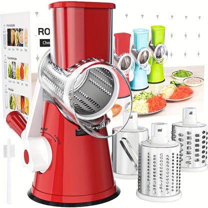 Rotary Cheese Grater with Hand Crank – 3 Interchangeable Blades for Cheese, Vegetables & Nuts, Non-Slip Suction Base, Includes Cleaning Brush – Manual Cheese Shredder for Kitchen (6 Colors)
