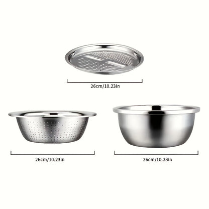 Stainless Steel 3-in-1 Kitchen Prep Set with Mixing Bowl Built-In Grinder Multi-Layer Slicer and Drainage System Food Safe Prep Bowl for Fruits Vegetables Cheese