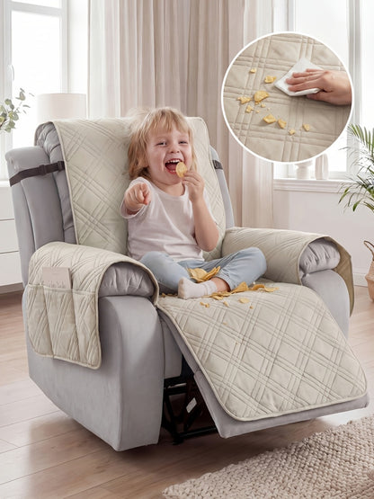 Recliner Cover Quilted with Side Pocket - Anti-Slip Elastic Band Pet Friendly Sofa Chair Protective Slipcover Easy Install for Living Room Home Decor, 6 Colors