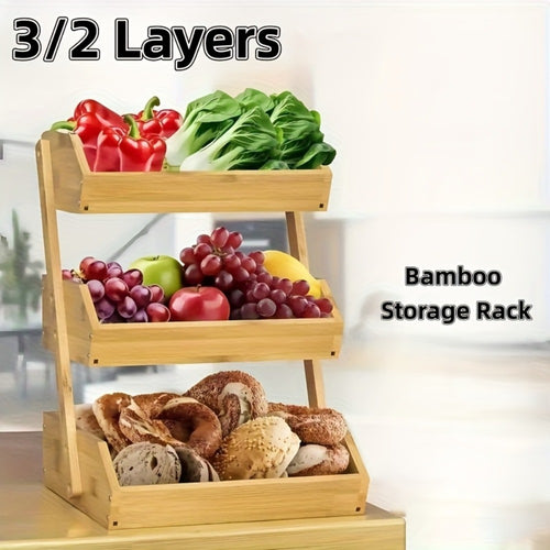 Bamboo Fruit Storage Rack 2-3 Tier with Hooks, Kitchen Counter Organizer for Fruits Vegetables Bread Spices, Freestanding Shelf Basket Display Stand