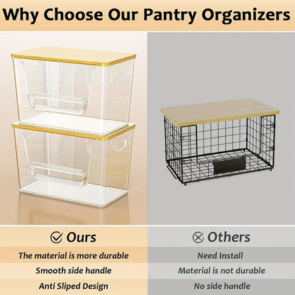 Clear Stackable Kitchen Pantry Organizer 2 Pack with Bamboo Top Durable PET Storage Bins for Onions Potatoes Fruits Vegetables Space Saving Ventilated Produce Organizer