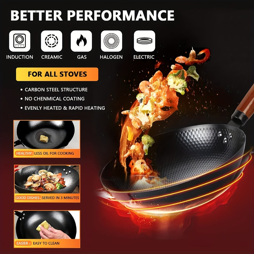 Carbon Steel Wok Set with Lid & Accessories – 14-Piece Non-Stick Stir Fry Pan 12.6" for Gas Electric Induction All Stoves | Wok Pan with Spatula Brush Ring Utensils Kitchen Cooking Set