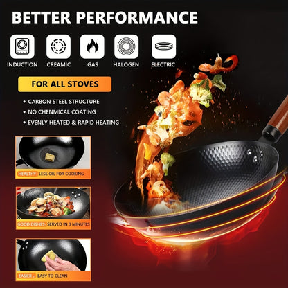 Carbon Steel Wok Set with Lid & Accessories – 14-Piece Non-Stick Stir Fry Pan 12.6" for Gas Electric Induction All Stoves | Wok Pan with Spatula Brush Ring Utensils Kitchen Cooking Set