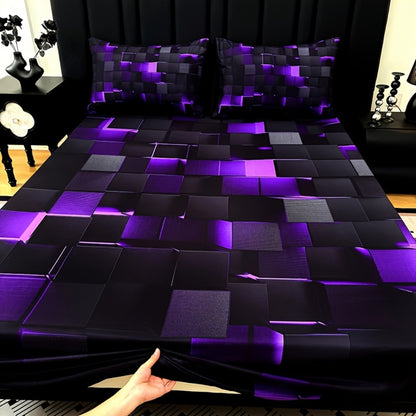 Fitted Sheet Set 3 Piece Digital Print Plaid - Deep Pocket 15 Inch Bed Sheet with 2 Pillowcases, 85% Polyester Soft Breathable Bedding Set for Twin Full Queen King, All Season Mattress Cover