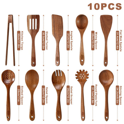 Wooden Spoons for Cooking 10 Pcs – Teak Wood Kitchen Utensils Set, Non-Stick Safe Spatulas & Spoon Cooking Tools