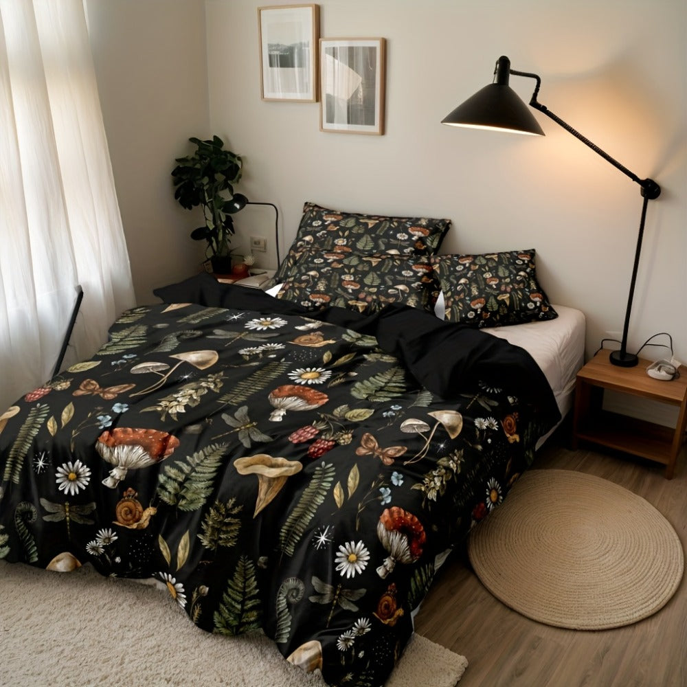Duvet Cover Set 3-Piece Forest Mushroom Pattern – Soft Polyester Bedding with Zipper Closure, Twin Full Queen King – Bedroom & Guest Room