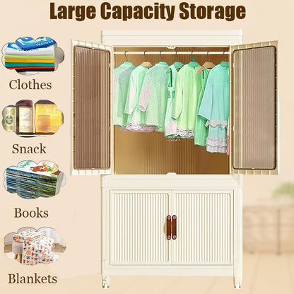 Portable Closet Wardrobe with Wheels & Hanging Rod – Foldable Clothes Cabinet with Doors, 10 Hangers, Stackable Storage Bins, 70 GAL Collapsible Plastic Wardrobe Organizer