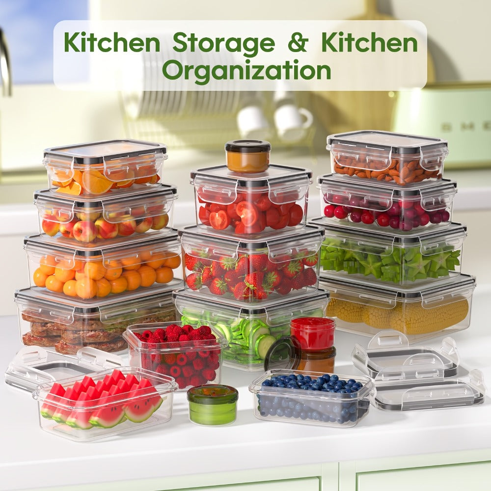 Food Storage Containers Set with Lids 48-Piece | Leak-Proof Stackable Plastic Meal Prep Containers for Kitchen Pantry Refrigerator Freezer Microwave Safe with Labels