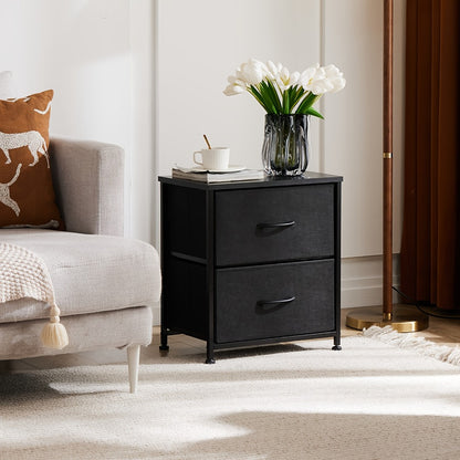 Nightstand with 2 Storage Drawers, 20" Bedside Table with Wooden Top & Fabric Cabinet, Steel Frame Mini Dresser for Bedroom, Dorm, Living Room – 1pc or Set of 2pcs, Black White Grey Rustic Brown
