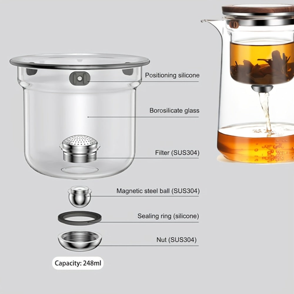 Glass Teapot with Infuser & Wooden Handle – Borosilicate Tea Kettle, One-Button Tea-Water Separation, Drip-Free Spout, 27oz for Loose Leaf & Blooming Tea, Holiday Gift for Men & Women