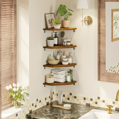 Corner Floating Wall Shelf - Rustic Wood Wall Organizer for Living Room Bedroom Bathroom Kitchen, Space-Saving Display Rack, Country Style Corner Shelf Set of 2 4 6, Brown Black White Home Decor