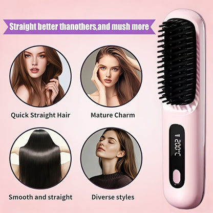 Cordless Hair Straightening Brush – Mini Rechargeable Portable Straightener Comb for Travel Daily Styling, Fast Heating Anti-Scald Frizz Control for All Hair Types, Black & White