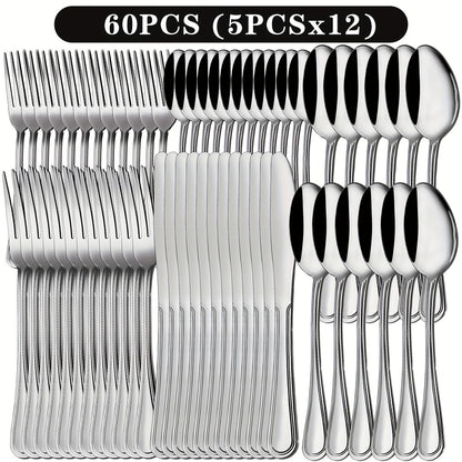 Stainless Steel Flatware Cutlery Set – Mirror Polished, Dishwasher Safe, Silver & Black Options, Service for 4 / 8 / 12 – Kitchen Utensil Set for Home, Restaurant & Wedding Gift