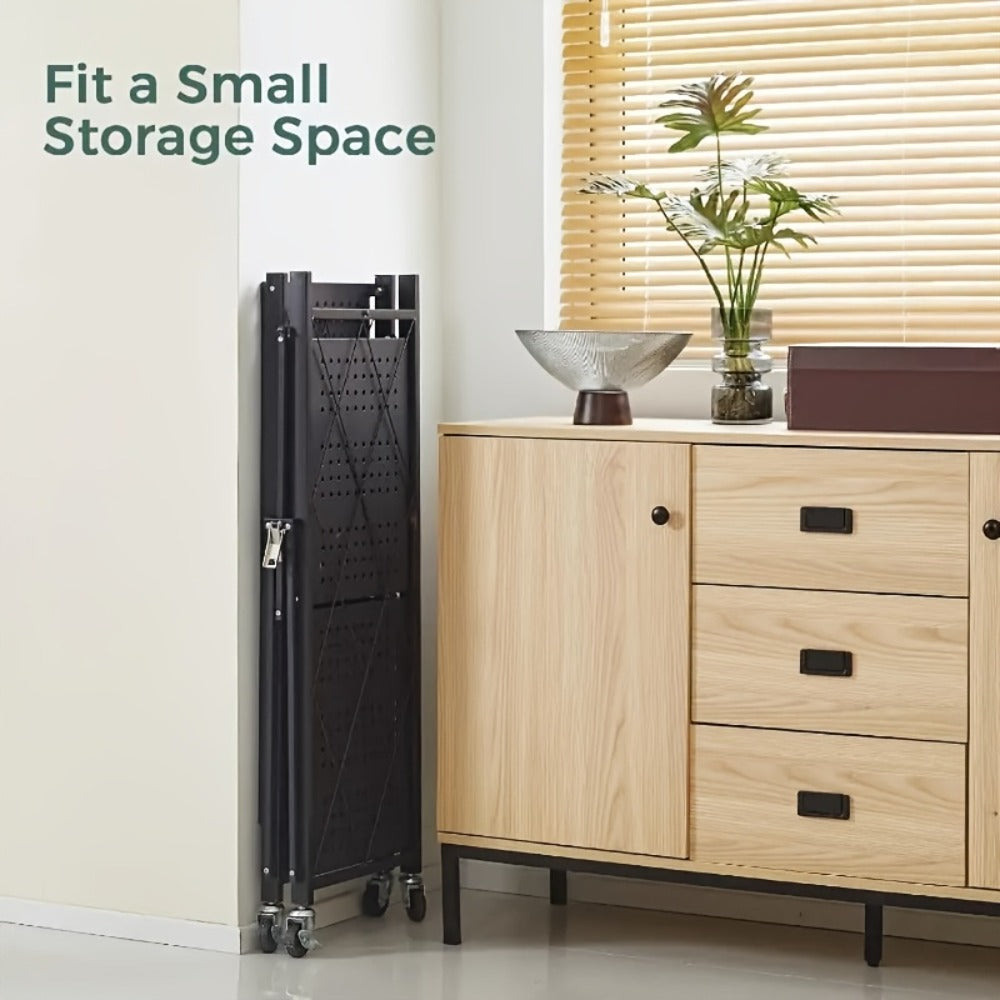 3 Tier Foldable Storage Rack with Wheels Heavy Duty Black Iron Shelving Unit for Garage Kitchen Pantry Utility Multi-Purpose Organizer
