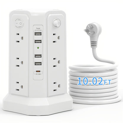 Surge Protector Power Strip Tower with 12 AC Outlets 5 USB Ports 8.8FT Extension Cord Night Light 4 Individual Switches Overload Protection for Home Office Desk Dorm Room