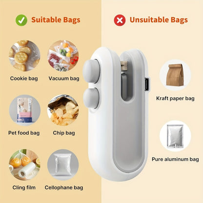 Mini Bag Sealer 2-Pack USB-C Rechargeable 2-in-1 Heat Seal with Cutter – Magnetic Storage Bag Resealer for Plastic Snack Food Bags | Airtight Freshness Keeper Portable Kitchen Gadget White