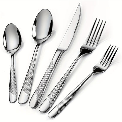 Stainless Steel Flatware Set 40/48 Piece – 304 Silverware Set for 8 Hammered Mirror Polished Rose Gold Cutlery with 2-in-1 Serrated Knife Dishwasher Safe Modern Utensils for Home Restaurant Wedding