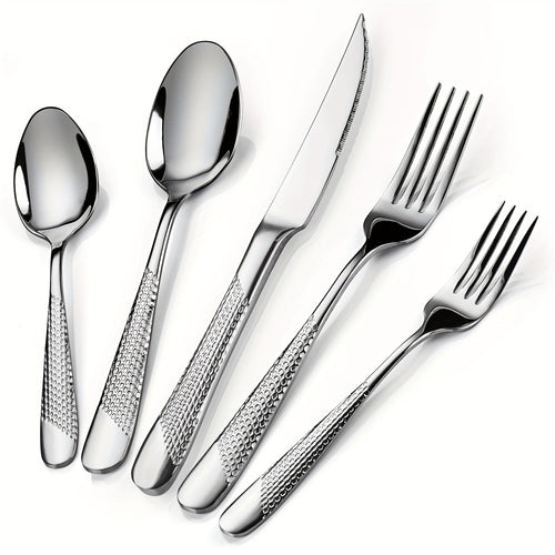 Stainless Steel Flatware Set 40/48 Piece – 304 Silverware Set for 8 Hammered Mirror Polished Rose Gold Cutlery with 2-in-1 Serrated Knife Dishwasher Safe Modern Utensils for Home Restaurant Wedding