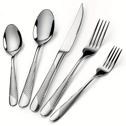 Stainless Steel Flatware Set 40/48 Piece – 304 Silverware Set for 8 Hammered Mirror Polished Rose Gold Cutlery with 2-in-1 Serrated Knife Dishwasher Safe Modern Utensils for Home Restaurant Wedding