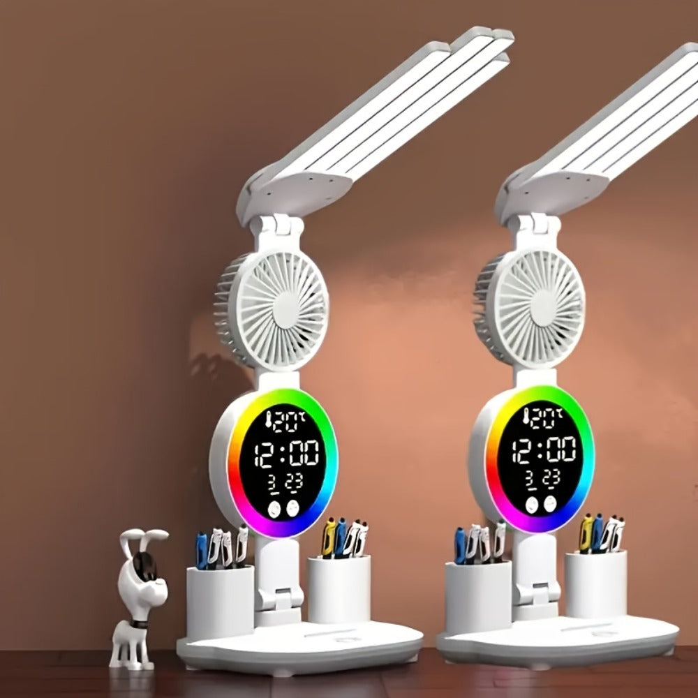 LED Desk Lamp with Built-in Fan & Touch Control | Dual Head Adjustable | USB Charging | 3 Color Modes Dimmable | Smart Display Clock | Eye-Caring Reading Lamp for Home Office Dorm Study