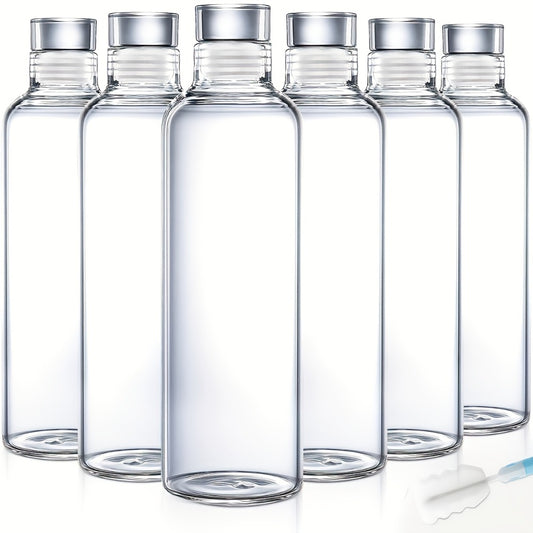Borosilicate Glass Water Bottle Set of 6 with Lid Sleeve and Cleaning Brush – 18oz Reusable Juice Bottles | Non-Slip Sports Drinking Vessels for Home Office Gym Travel