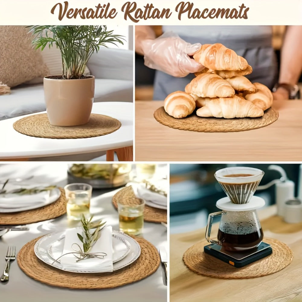12pcs Rattan Placemats Natural Wicker Round Table Mats Heat-Resistant Non-Slip 11.8" Kitchen Dining Decor Bohemian