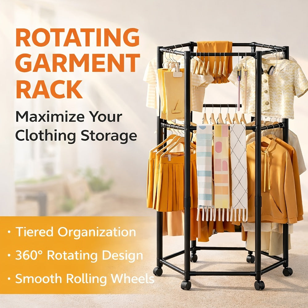 Rolling Hexagon Clothes Drying Rack 1 or 2 Layer – Sturdy Metal Floor Stand with Wheels, Multi-Bar & 10 Clips, Portable Laundry Rack for Bedroom, Balcony & Dorm