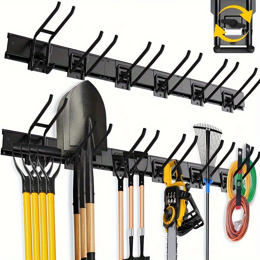 Garage Tool Organizer Wall Mount 48" – Heavy Duty Pegboard with Adjustable Swivel Hooks, 1 Double Hook & 5 Straight Hooks, Holds 420lbs, Broom Holder for Yard Tools, Shovels, Hoses & Garden Equipment
