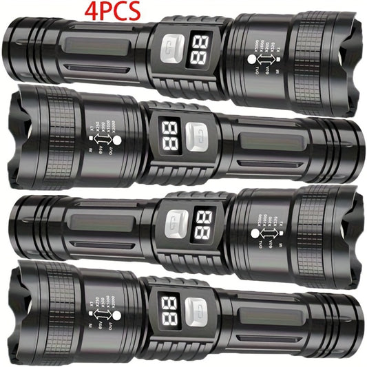 Rechargeable LED Flashlight Set 4pcs - Super Bright Zoomable Tactical Flashlight with USB Charging, IP65 Waterproof, Long Range High-Power Work Light for Camping, Hiking, Emergency & Outdoor Survival