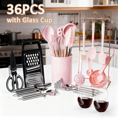 Silicone Cooking Utensils Set 35-Piece with Holder Rack Wooden Handle Heat Resistant Kitchen Tools for Non-Stick Pans – Complete Kitchen Utensil Set in Multiple Colors
