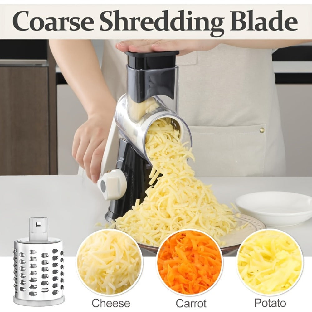 Rotary Cheese Grater with Hand Crank – 3 Interchangeable Blades for Cheese, Vegetables & Nuts, Non-Slip Suction Base, Includes Cleaning Brush – Manual Cheese Shredder for Kitchen (6 Colors)