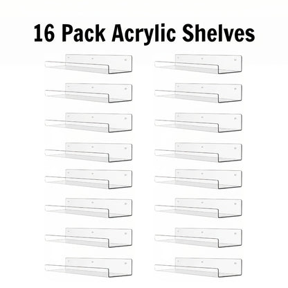 Acrylic Floating Wall Shelves - Clear Display Shelf Organizer for Bathroom, Bedroom, Living Room & Kitchen, 15x4 Inch Wall Mounted Storage Bookshelf, Set of 4/8/16 Pack Room Decor
